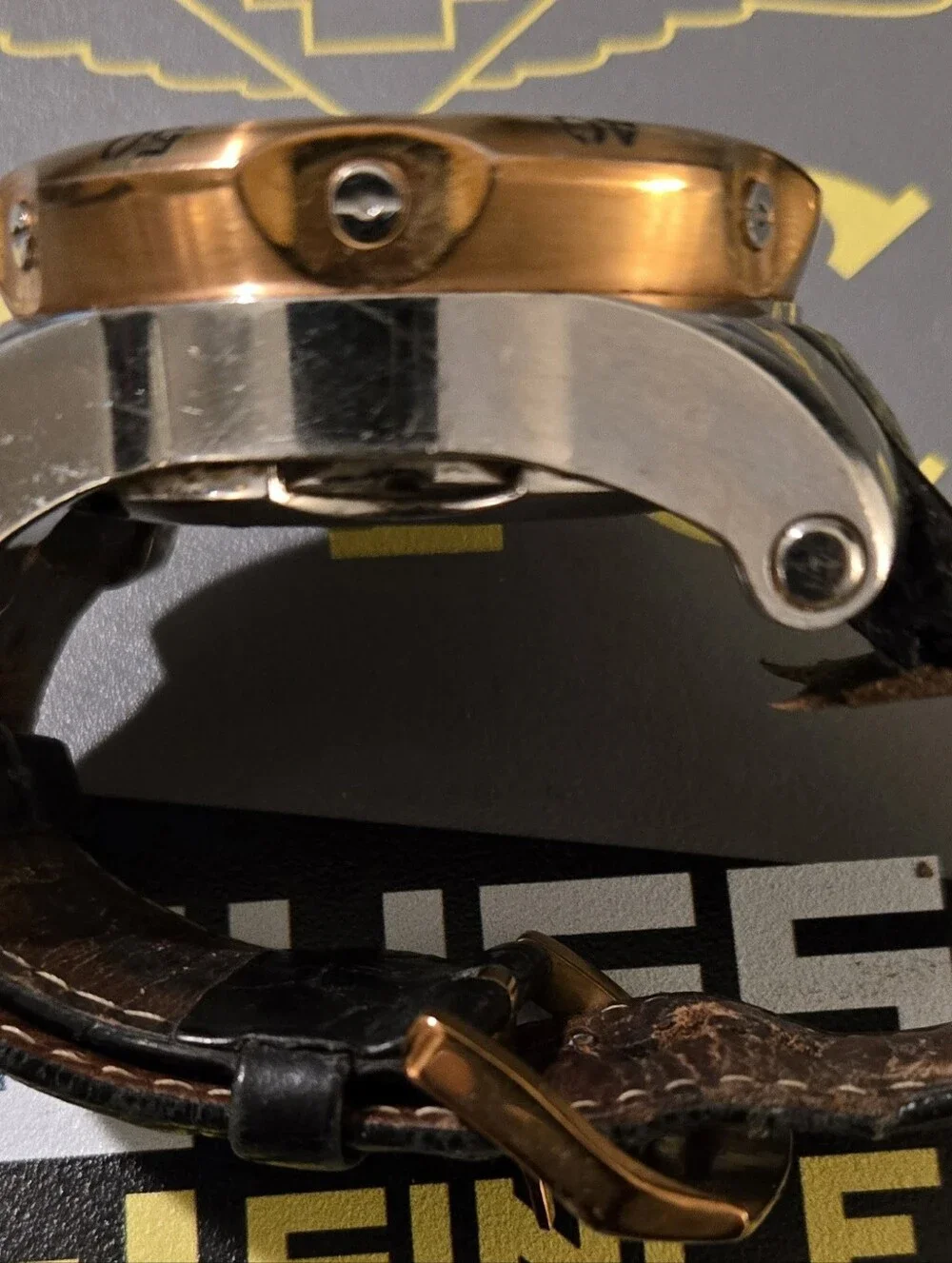 Invicta Gold and Black Chronograph Watch with Black Leather Strap. Needs Strsp